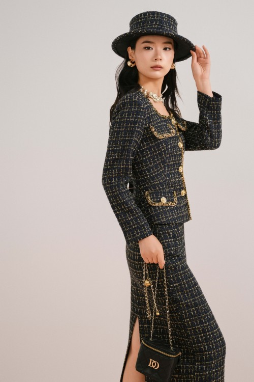 Sixdo Navy Tweed Pencil Skirt